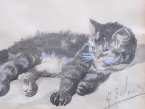 Niet of onleesbaar gesigneerd - Liggende kitten - Gemengde techniek kopen? Bied vanaf 1!