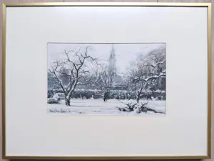 Anneke Boot - Besneeuwde tuin, gemengde techniek op papier (ingelijst) kopen? Bied vanaf 60!
