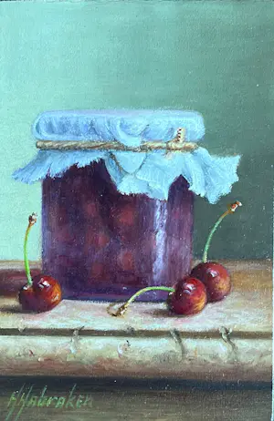 Hans Habraken - Schilderij stilleven kersen in een weckpot en kersen op tafel. kopen? Bied vanaf 195!