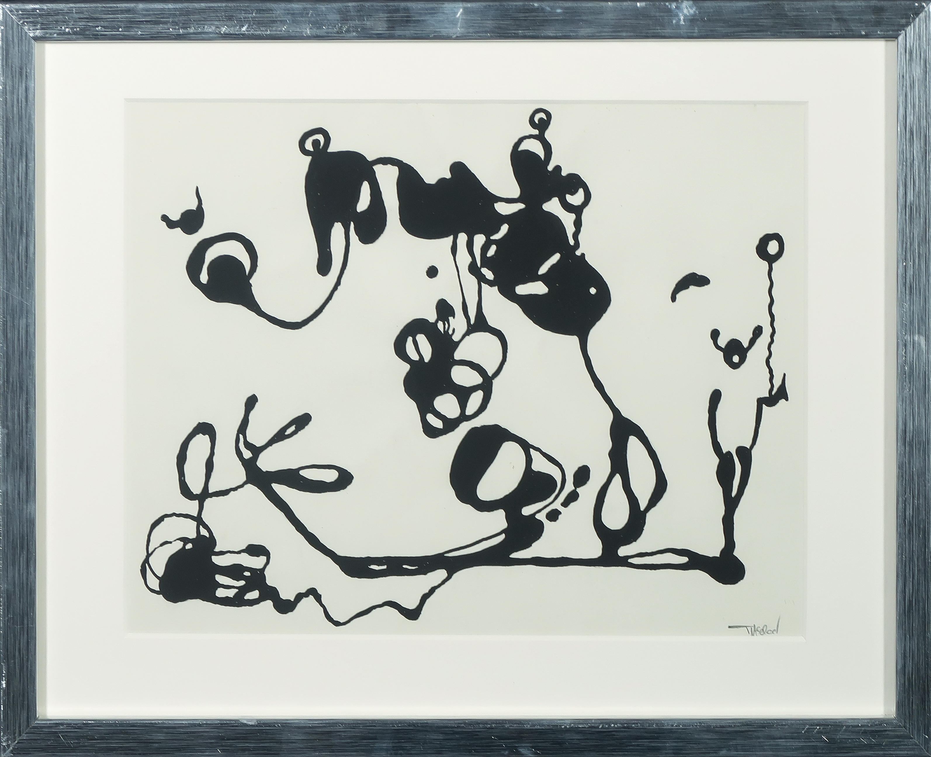 Henri Titselaar - Inkttekening, Abstracte compositie + boek - Ingelijst verkocht voor € 50!