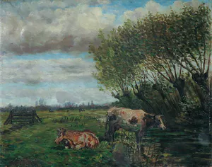 Niet of onleesbaar gesigneerd - Olieverf op doek, Landschap met koeien kopen? Bied vanaf 1!
