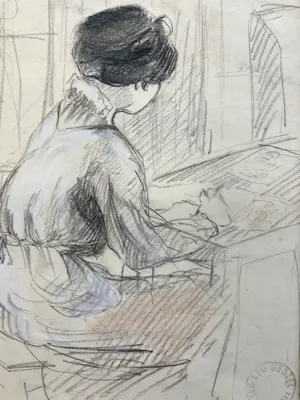 Leo Gestel - De vrouw van de kunstenaar aan het tekenen - met atelierstempel kopen? Bied vanaf 240!