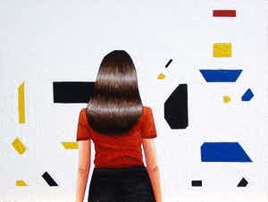 Gerard Boersma - Boerenmeisje Met Koe (Vrouw kijkend naar schilderij van Bart van der Leck) verkocht voor € 150!