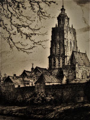 Jan Poortenaar - Fraai ingelijste Ets "gezicht op Zutphen en Sint Walburgiskerk" kopen? Bied vanaf 10!