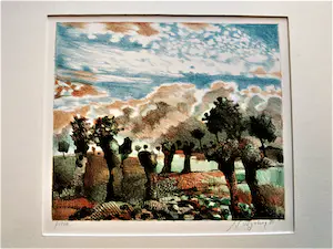 AcheterNicolaas Wijnberg - met stift ingekleurde litho - 'Landschap in expressionistische kleuren' - 1985? Enchérissez de 39!