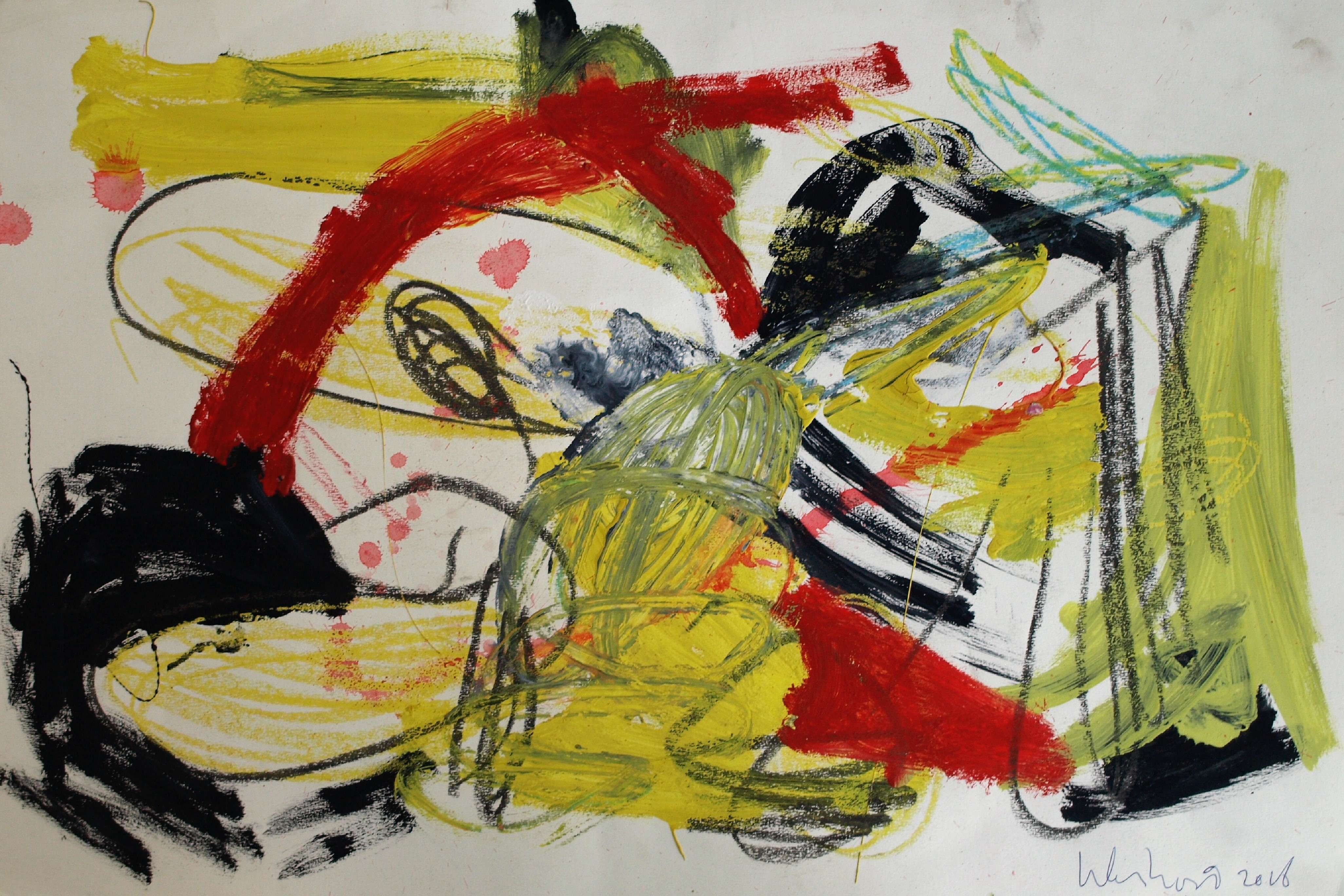 Peter Klashorst - Gemengde techniek op papier – Abstract met rood, geel en zwart - 2016 kopen? Bied vanaf 35!