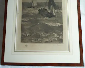 Hendrik Willem Mesdag - & C.L. Dake : Grote ingelijste ets , Vissersboten bij Scheveningen – 1879 kopen? Bied vanaf 1!
