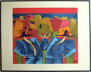 Guido van Driel - Grote ingelijste zeefdruk , ‘Proost, huizen’ - 1990 – 75 x 95 cm. verkocht voor € 50!