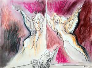 Luis Filcer - Kunstenaar en spiegel, gemengde techniek op papier verkocht voor € 195!