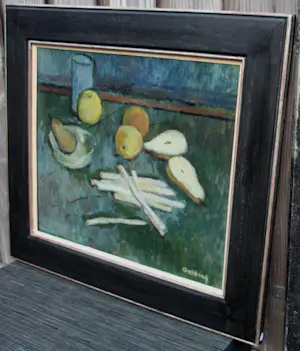 Jeanne Bieruma Oosting - Ingelijste olieverf op doek: stilleven met asperges, peren en appels kopen? Bied vanaf 1495!