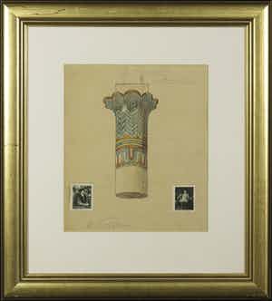 Hendrik van Kempen - Gemengde techniek op papier, Egyptisch palmenkapiteel - Ingelijst verkocht voor € 35!