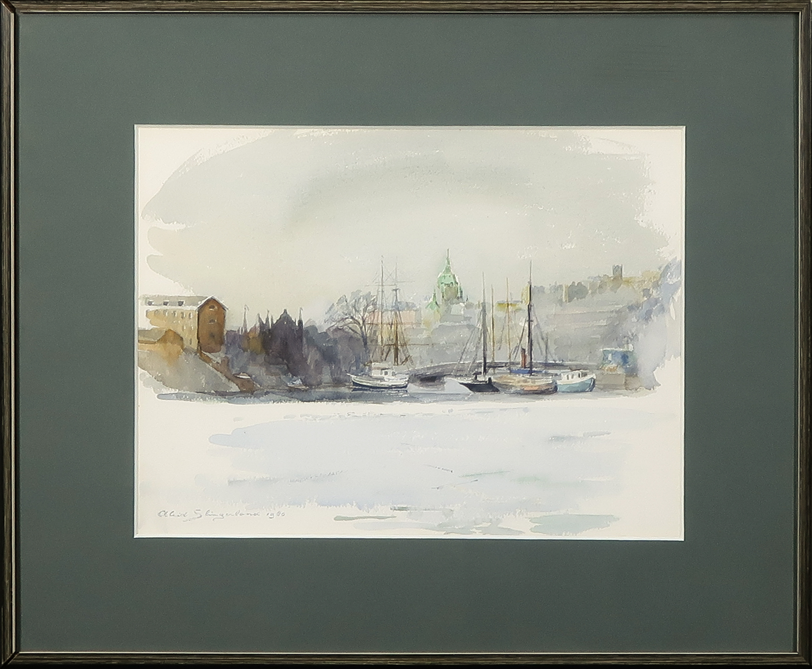 Aleid Slingerland - Aquarel, Havengezicht - Ingelijst verkocht voor € 1!