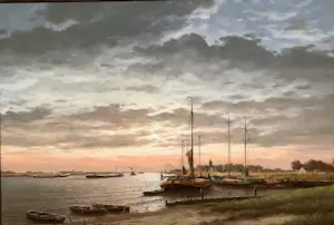 Herman Wijngaard - Riviergezicht bij Zonsondergang - Olieverf kopen? Bied vanaf 425!