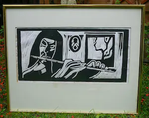 Piet Wiegman (II) - De fluitiste -linoleumsnede 1976- kopen? Bied vanaf 65!