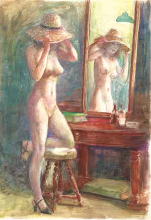 Sjef van der Voort - Naaktmodel met hoed voor de spiegel verkocht voor € 50!