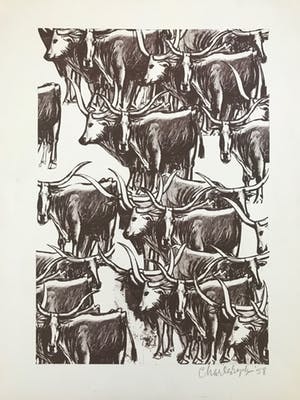 Charles Eyck - Litho - 'Langhoornrunderen' - 1958 - niet ingelijst kopen? Bied vanaf 45!