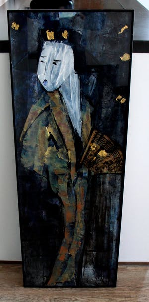 Maya Wildevuur - gemengde techniek op papier: Geisha met waaier - 1991 kopen? Bied vanaf 395!