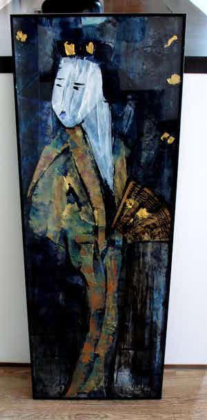 Maya Wildevuur - gemengde techniek op papier: Geisha met waaier - 1991 verkocht voor € 395!