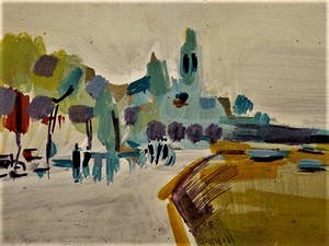Niet of onleesbaar gesigneerd - Interessante expressionistische Gouache "Franse riviera 1951" monogram "J.A." kopen? Bied vanaf 1!