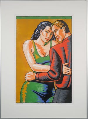 Leon Janssen - Houtsnede, Paar op oker (tête à tête) - Ingelijst kopen? Bied vanaf 80!