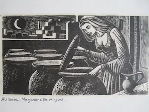Niet of onleesbaar gesigneerd - Houtsnede Ali Baba: Marjanar & The oil jars kopen? Bied vanaf 10!