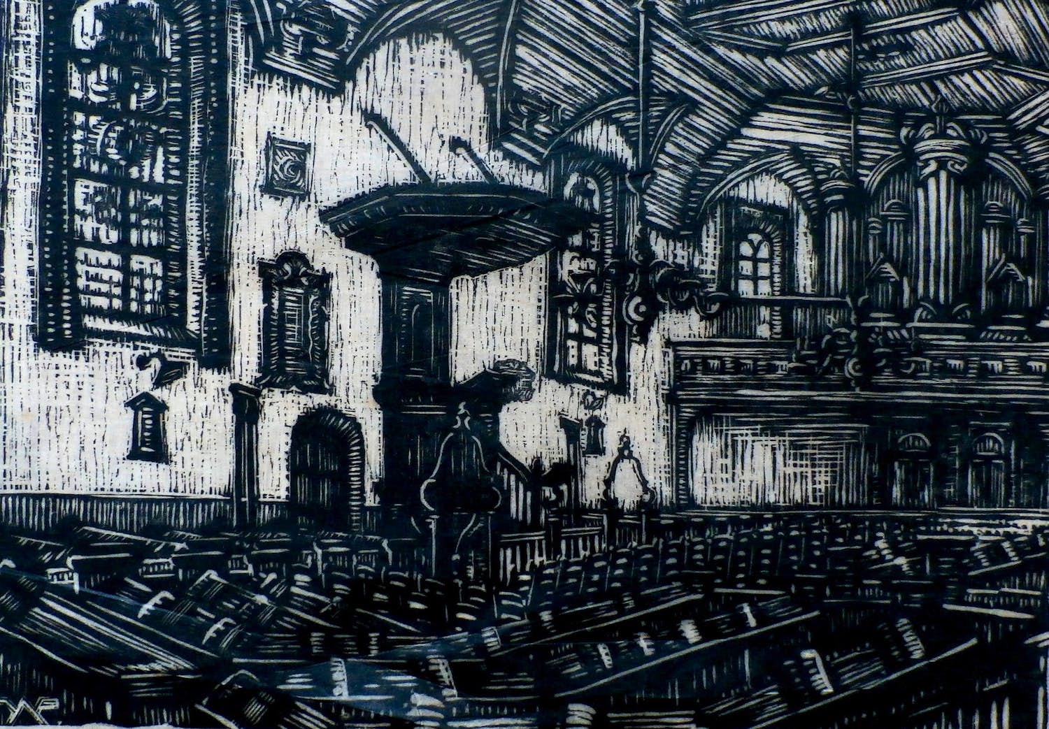Joseph van de Wall Perne - houtsnede: kerkinterieur verkocht voor € 30!