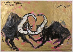 Igor Issacovitch - Gemengde techniek op papier, Buffalo fighting - Ingelijst kopen? Bied vanaf 1!