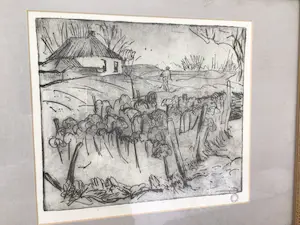 Jan Altink - Ets "Boer werkend in de tuin" - Perfect ingelijst - Atelierstempel - De Ploeg kopen? Bied vanaf 150!