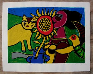Corneille - Zeefdruk, Chat, tournesol et oiseau - 1998 kopen? Bied vanaf 295!