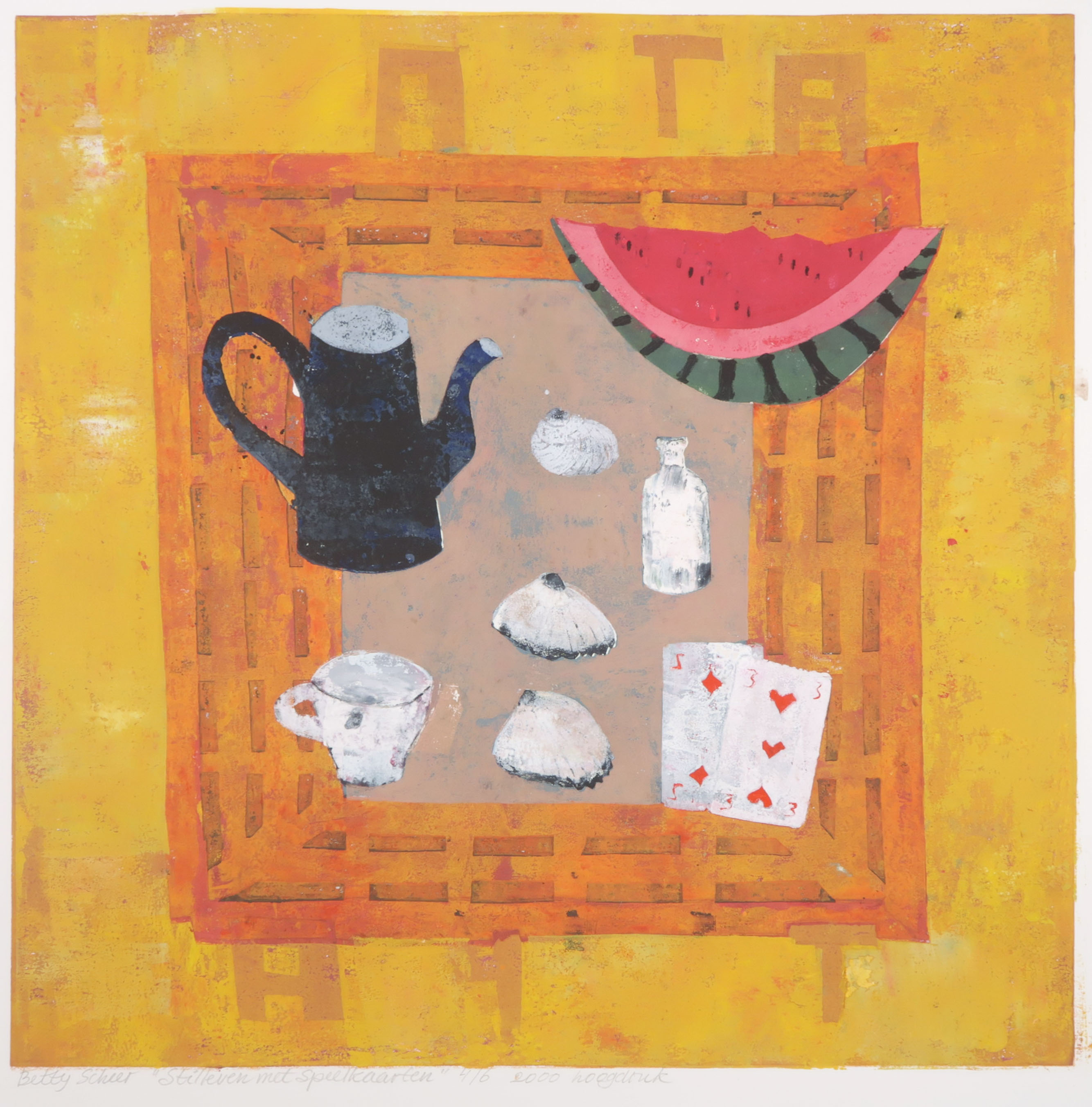Betty Scheer - Linosnede, Stilleven met speelkaarten verkocht voor € 50!