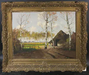 Niet of onleesbaar gesigneerd - Olieverf op doek, Berkenbomen bij een boerderij - Ingelijst kopen? Bied vanaf 1!