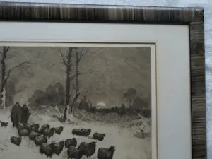 Sal Meijer - Ingelijste ets , Winterse wandeling met schapen in Laren (NH) kopen? Bied vanaf 60!