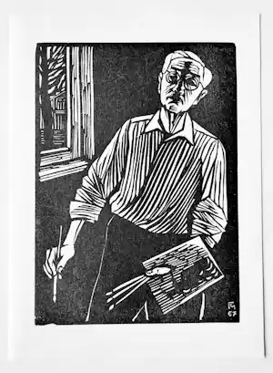 Buy Conrad Felixmüller - Selbstbildnis malend Original-Holzschnitt von 1967? Bid from 90!