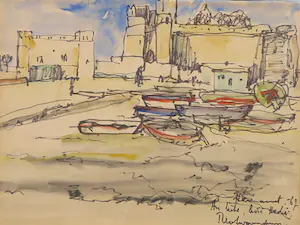 Theo Swagemakers - Aquarel/pentekening, Havengezicht - Ingelijst kopen? Bied vanaf 60!