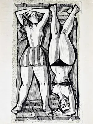 Gerard Gaudaen - grote in 1959 gemaakte Hout/Linosnede - het Zonnebad - potloodgesigneerd kopen? Bied vanaf 31!