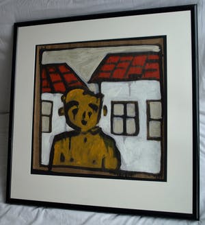 Bart Drost - Ingelijst, acryl op bitumenpapier (pakpapier) , Voor 2 huisjes – ca. 1991 kopen? Bied vanaf 50!