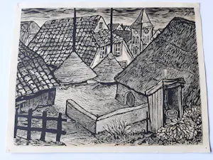 Lou Strik - 2 Houtsnede, Short People gesigneerd, dorpsgezicht druk gesigneerd. kopen? Bied vanaf 40!