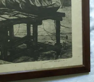 Toon Pluymers - Ingelijste ets , Gezicht op Antwerpen – Lijst, 56 x 71 cm. kopen? Bied vanaf 1!