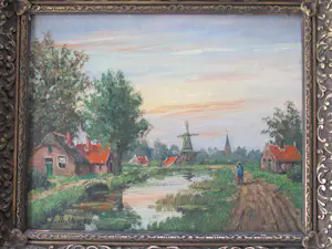 Julius Theodor Unger - dorpsgezicht met molen en kerktoren kopen? Bied vanaf 65!