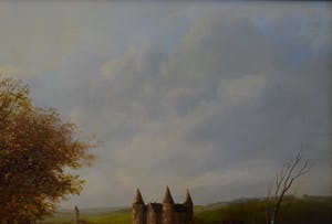 Niet of onleesbaar gesigneerd - Een glooiend landschap met figuren op een zandpad, boerderijen en een kasteel kopen? Bied vanaf 1!