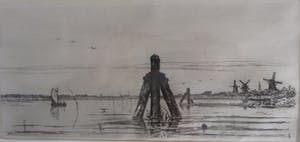 Carel Nicolaas Storm van 's-Gravesande - Riviergezicht met molens,bootje en ducdalf. kopen? Bied vanaf 50!