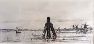 Carel Nicolaas Storm van 's-Gravesande - Riviergezicht met molens,bootje en ducdalf. verkocht voor € 50!