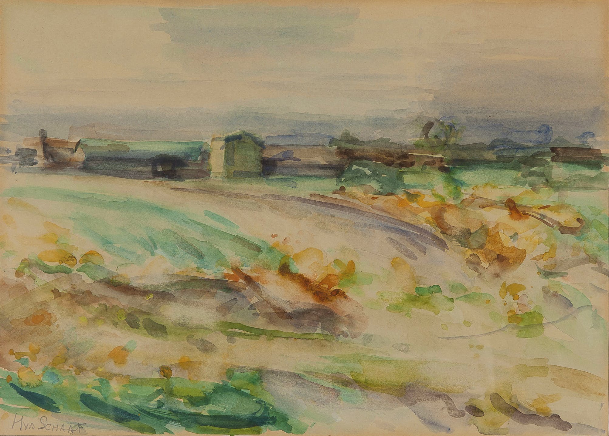 Hans van der Schaaf - Landschap - Aquarel op papier - gesigneerd op glasplaat l.o. - BKR Amsterdam  kopen? Bied vanaf 10!