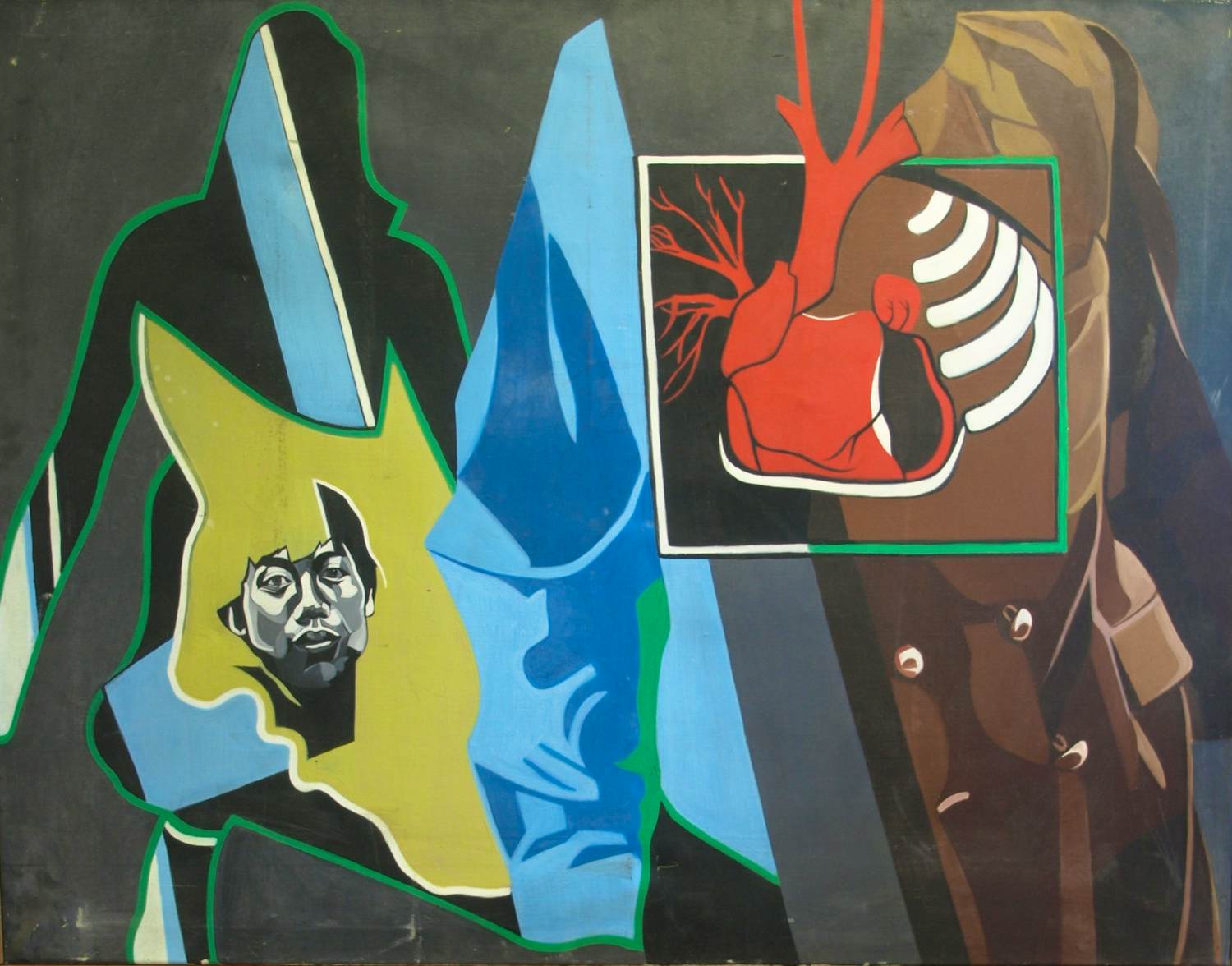 Robert Hallatu - Olieverf op doek , Molukse symboliek (?) met zelfportret – Lijst, 103 x 133 cm. kopen? Bied vanaf 250!