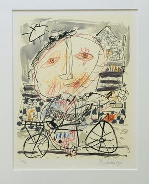 Kees Salentijn - op de fiets - fraaie zeefdruk - ingelijst kopen? Bied vanaf 115!