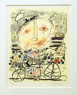 Kees Salentijn - op de fiets - fraaie zeefdruk - ingelijst verkocht voor € 115!