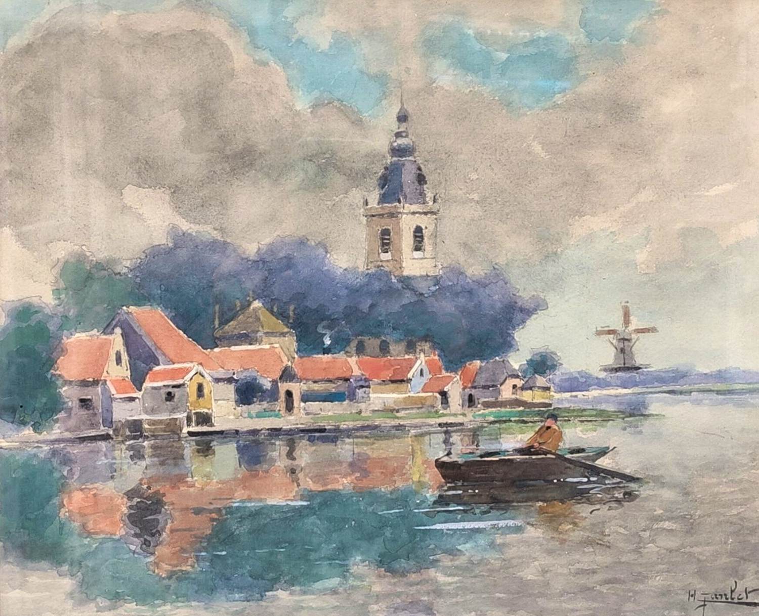 Henri Janlet - Hollands rivierlandschap met dorp, kerktoren en molen kopen? Bied vanaf 40!