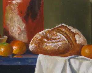 L. Javier Cornejo - Olieverf op hardboard, Stilleven met mandarijnen en brood kopen? Bied vanaf 150!