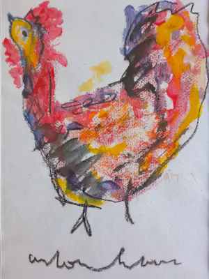 AcheterAnton Heyboer - Kleurige Kip in aquarel en krijt - 1995 - 35 x 26 cm incl, lijst? Enchérissez de 150!