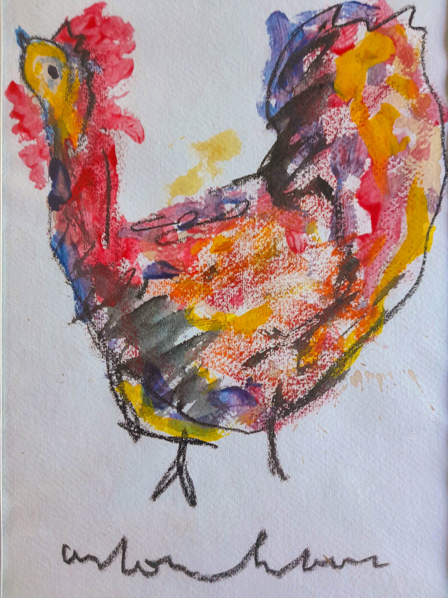 Anton Heyboer - Kleurige Kip in aquarel en krijt - 1995 - 35 x 26 cm incl, lijst kopen? Bied vanaf 150!